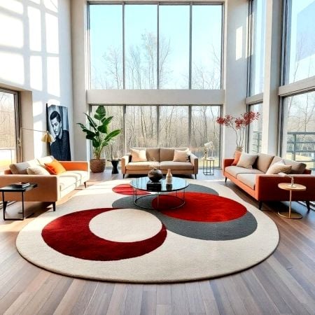 Handcrafted Round Red Grey Circle Living Room Rug
